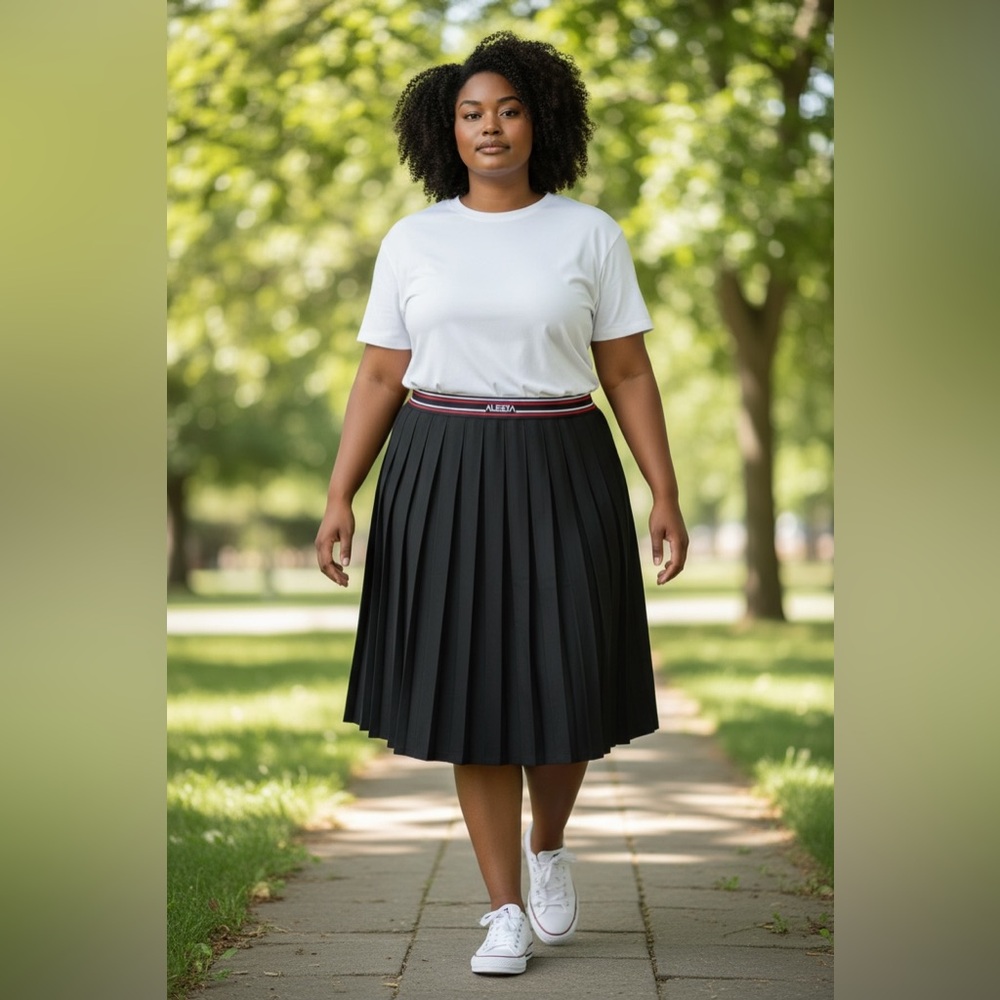 Black Pleated Midi Skirt with Stripe Waistband